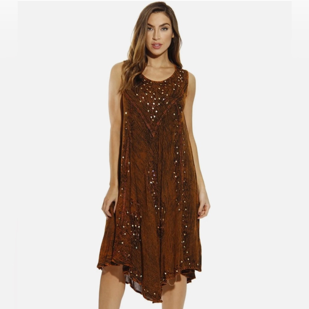 Riviera Sun Dress orange- embroidered- sequins 3X Women open flowy dress